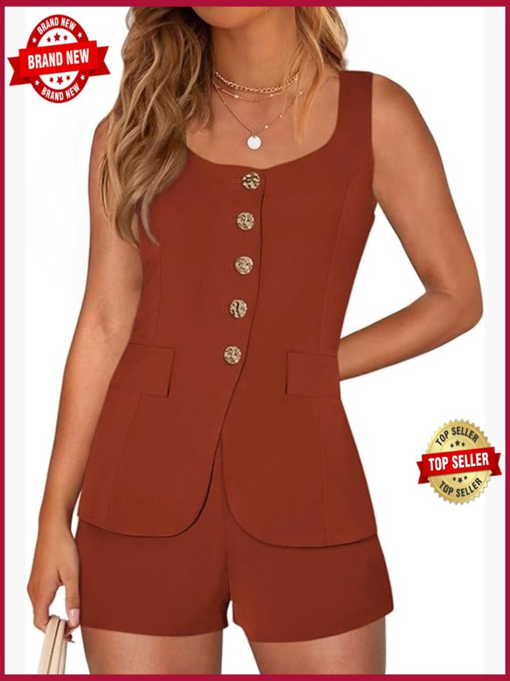 Womens 2 Piece Matching Shorts Set Square Neck Vest Top Business Casual Vacation